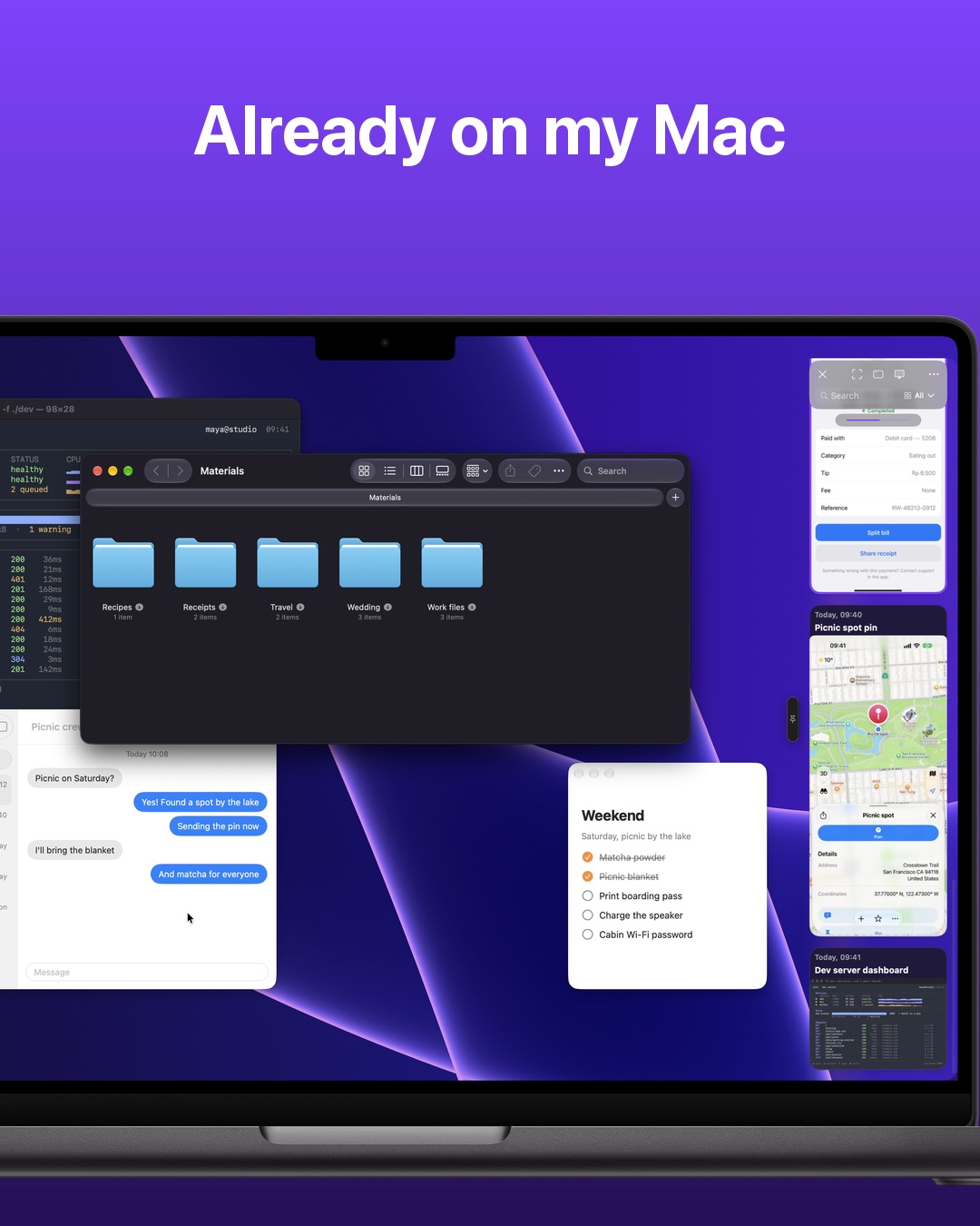 A MacBook desktop with the CloudShots panel at the right edge, where the same picnic spot screenshot has just arrived.