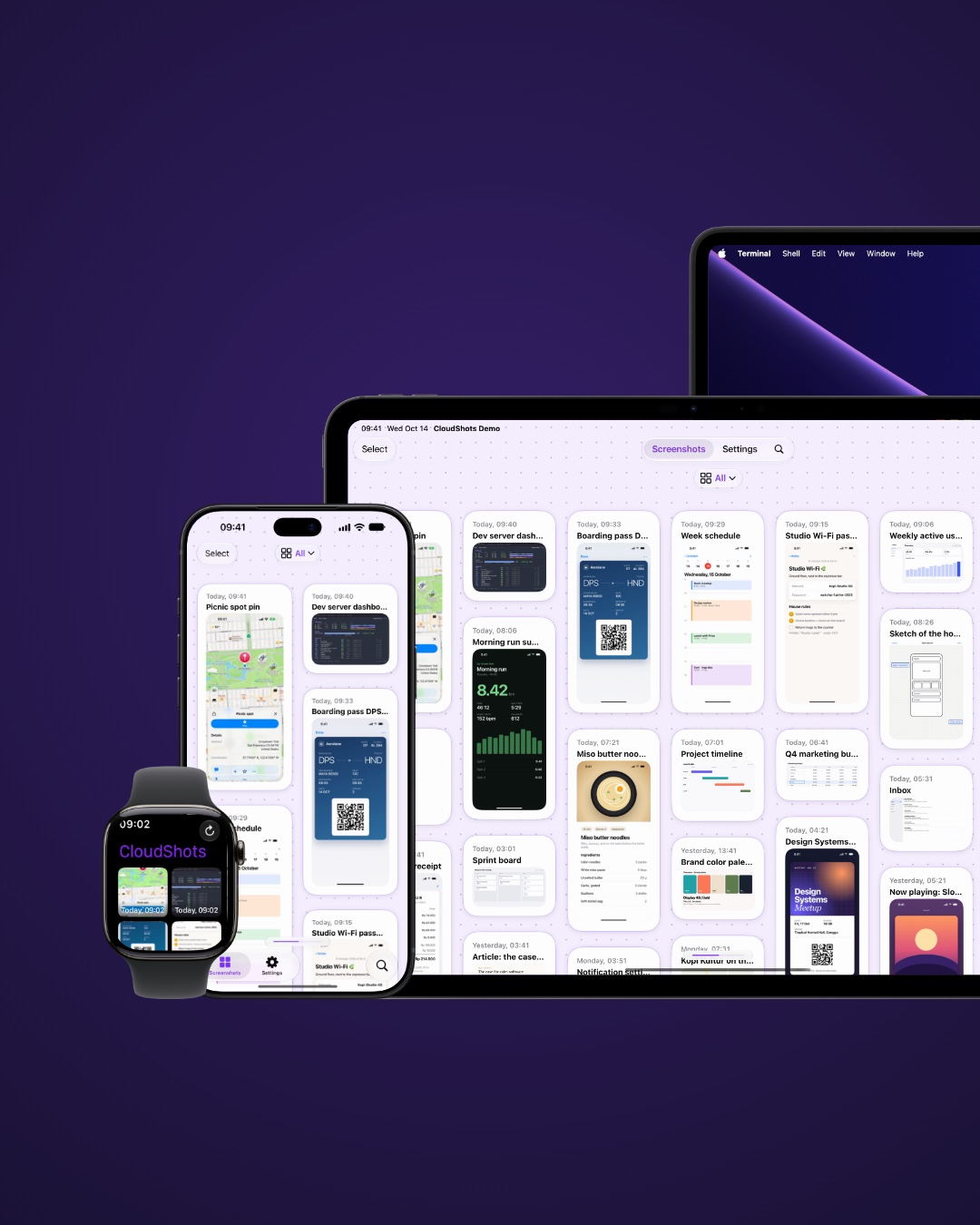 An Apple Watch, an iPhone and an iPad side by side, each showing the same CloudShots screenshot feed.