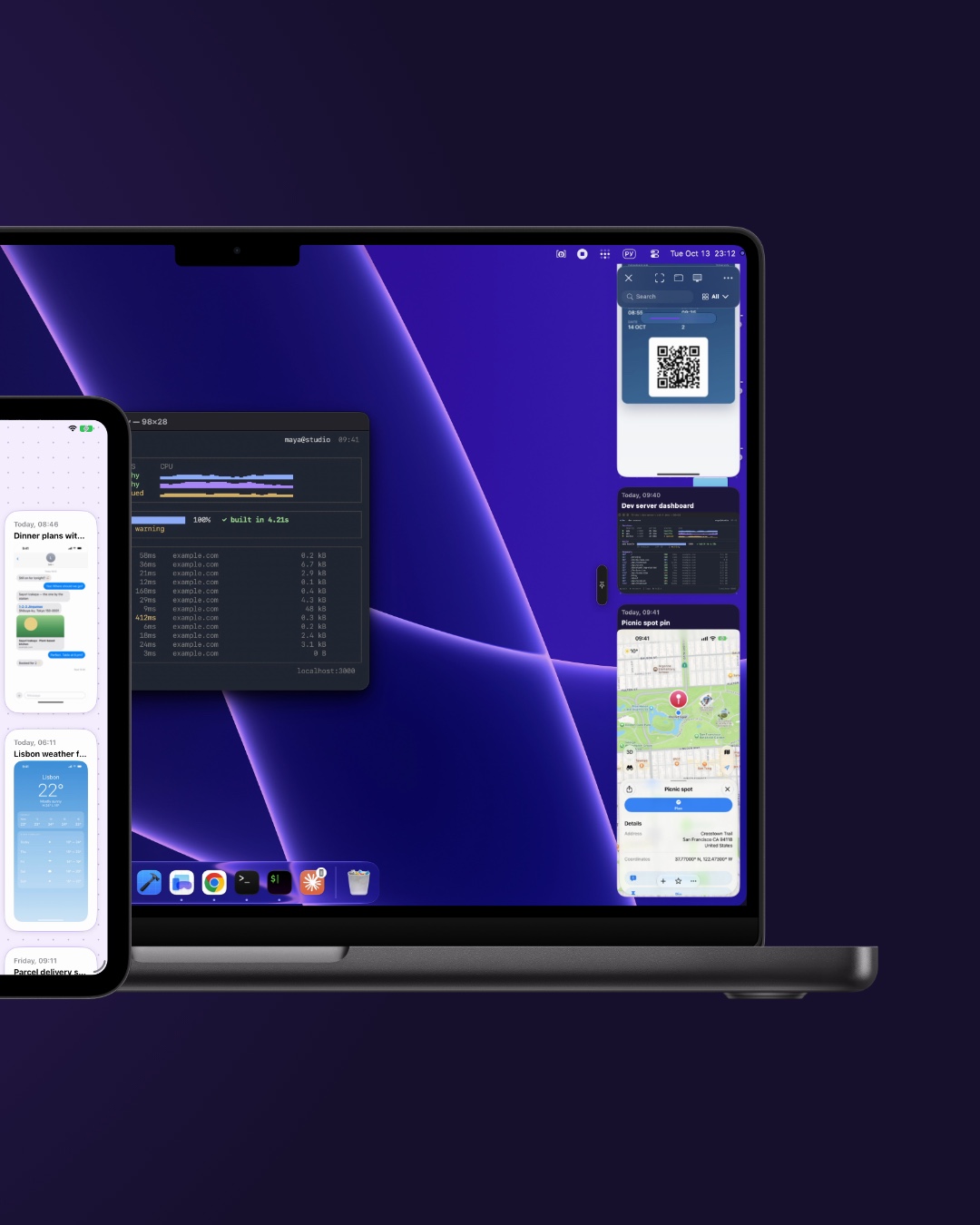 The iPad continues into a MacBook with the CloudShots panel at the right edge of the desktop, holding the same screenshots.