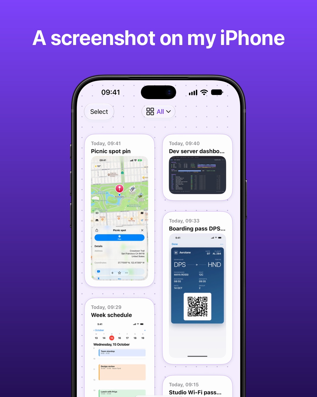 A screenshot on my iPhone. A real iPhone feed recording inside an Apple bezel shows the Picnic spot pin Maps card beside other screenshots.