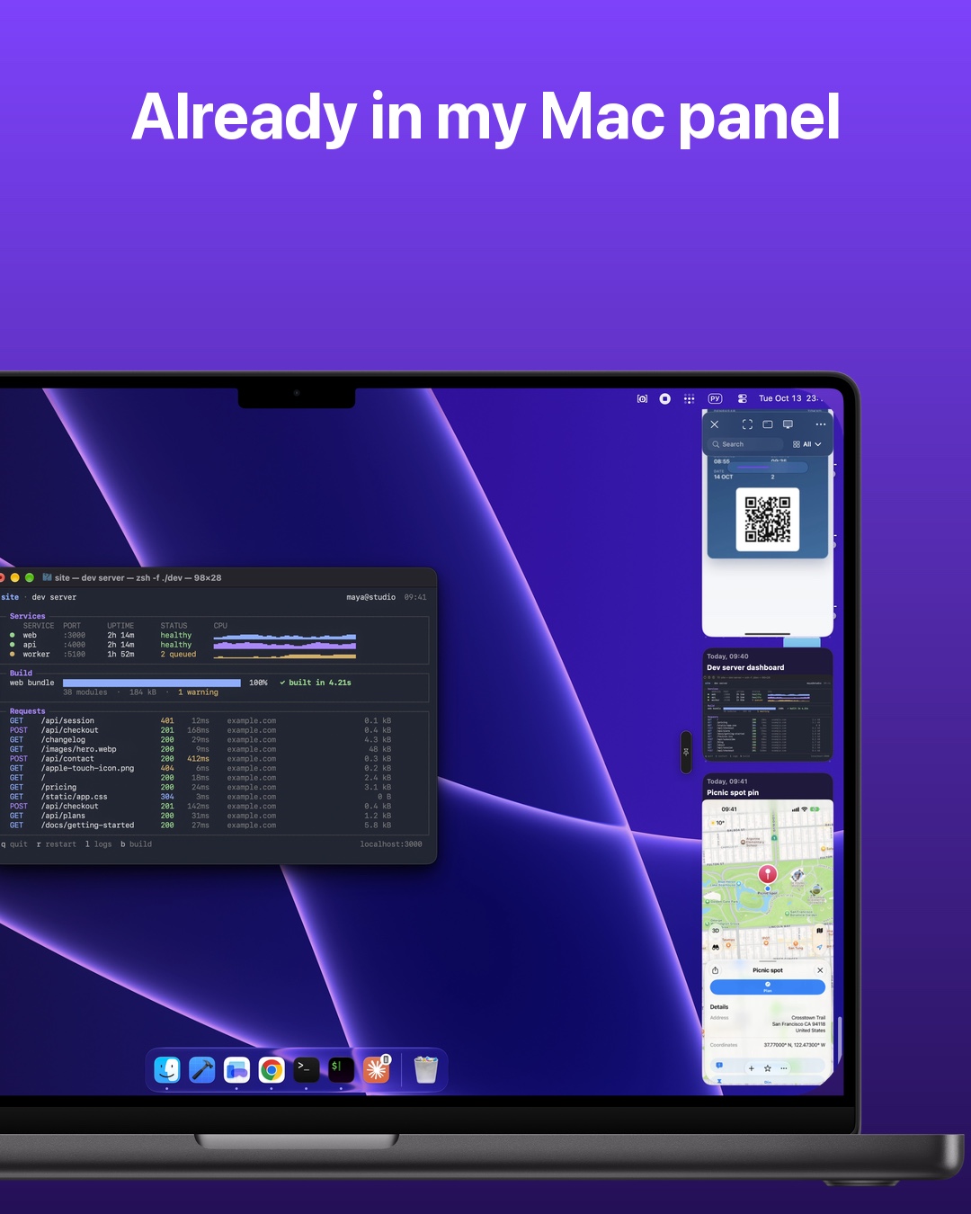 Already in my Mac panel. A real desktop recording inside a MacBook bezel shows the matching Maps screenshot in the CloudShots panel at the right edge.