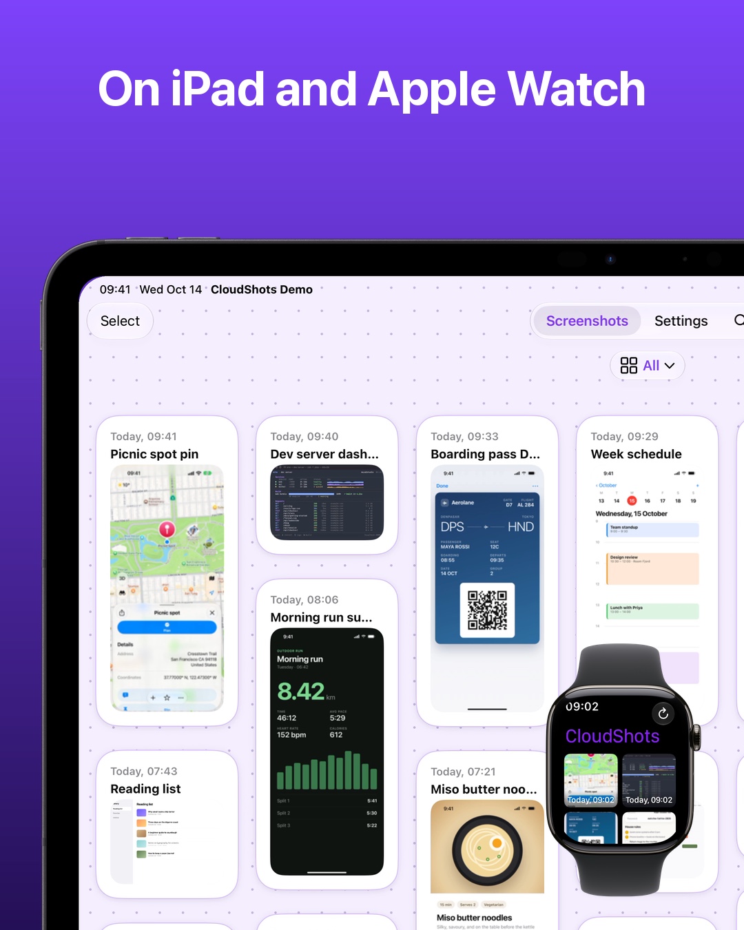 On iPad and Apple Watch. Real feed recordings inside Apple bezels show the same Maps picnic spot pin, with the watch in front of the iPad.