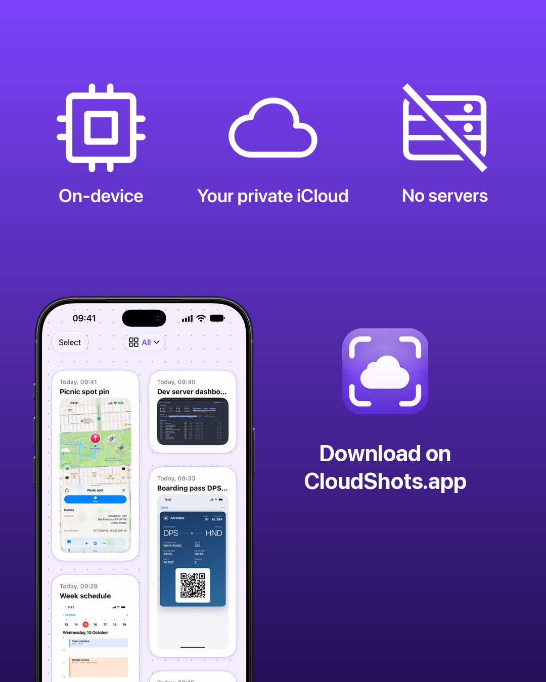 Three white icons in a horizontal row: a chip labeled On-device, a cloud labeled Your private iCloud, and a crossed-out server rack labeled No servers. Below, a real iPhone feed frame inside an Apple bezel, the CloudShots app icon and Download on CloudShots.app.