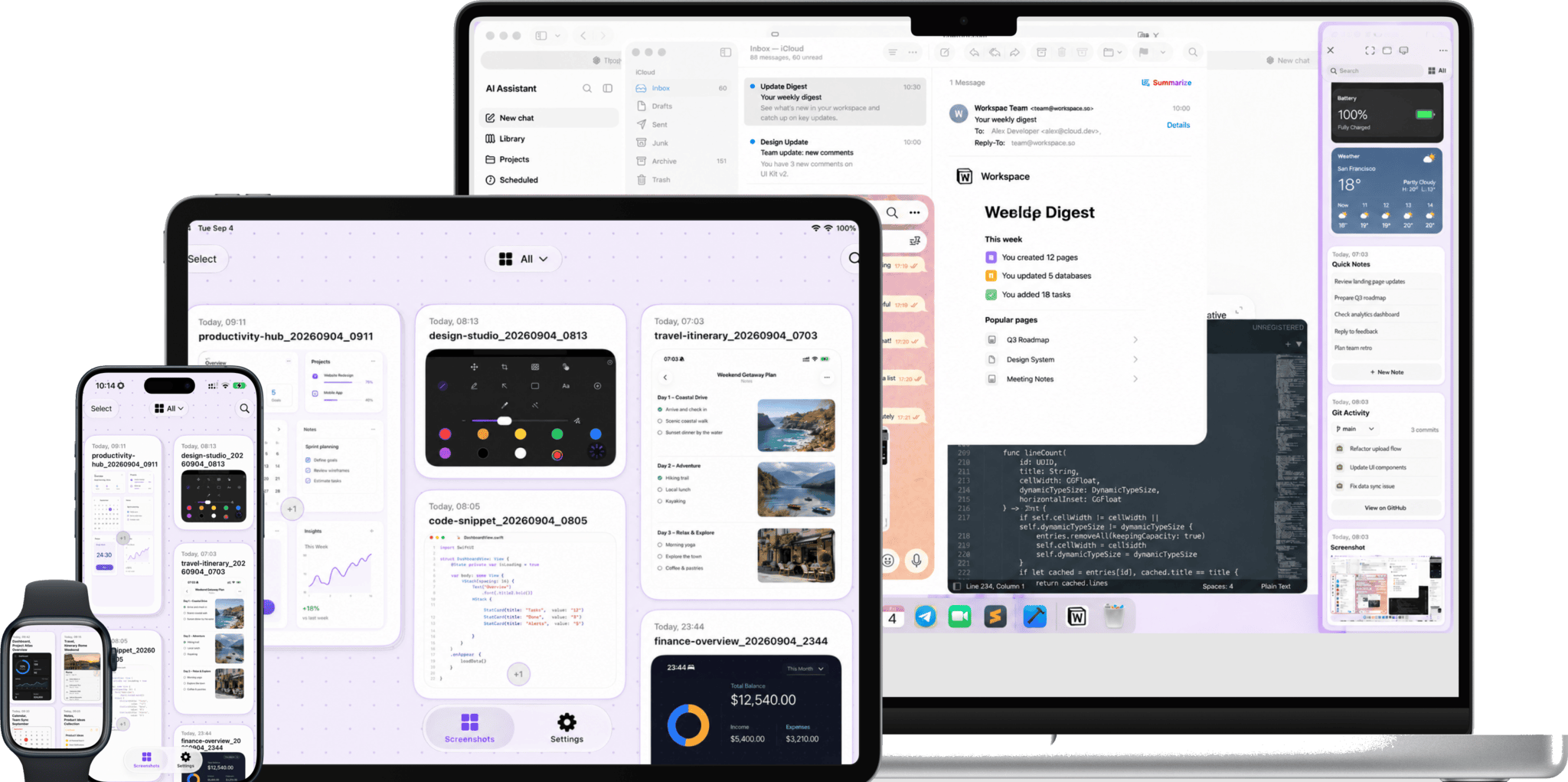 CloudShots on Mac, iPhone, iPad, and Apple Watch — one screenshot history across every device