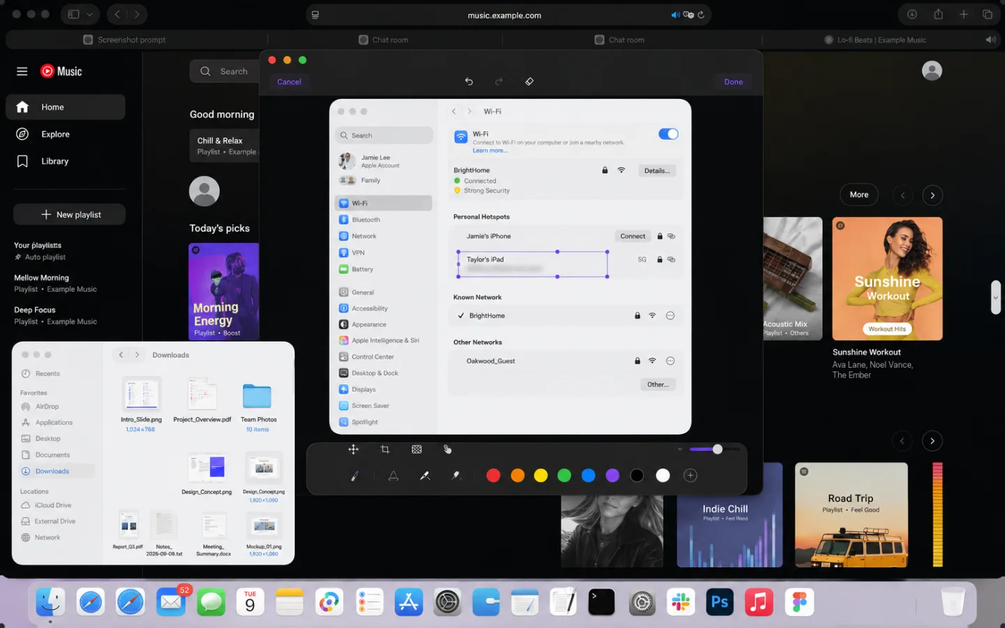 CloudShots markup on a Mac: a network name in Wi-Fi settings is selected for redaction, with the drawing toolbar below