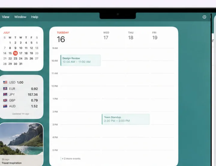 Mac desktop screenshot with calendar and widgets