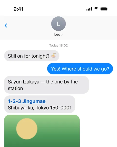 Messages chat with an izakaya address