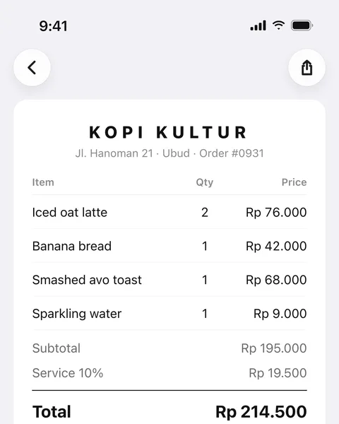 Kopi Kultur cafe receipt