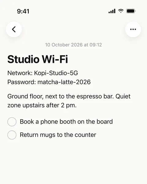 Note with the studio Wi-Fi network and password